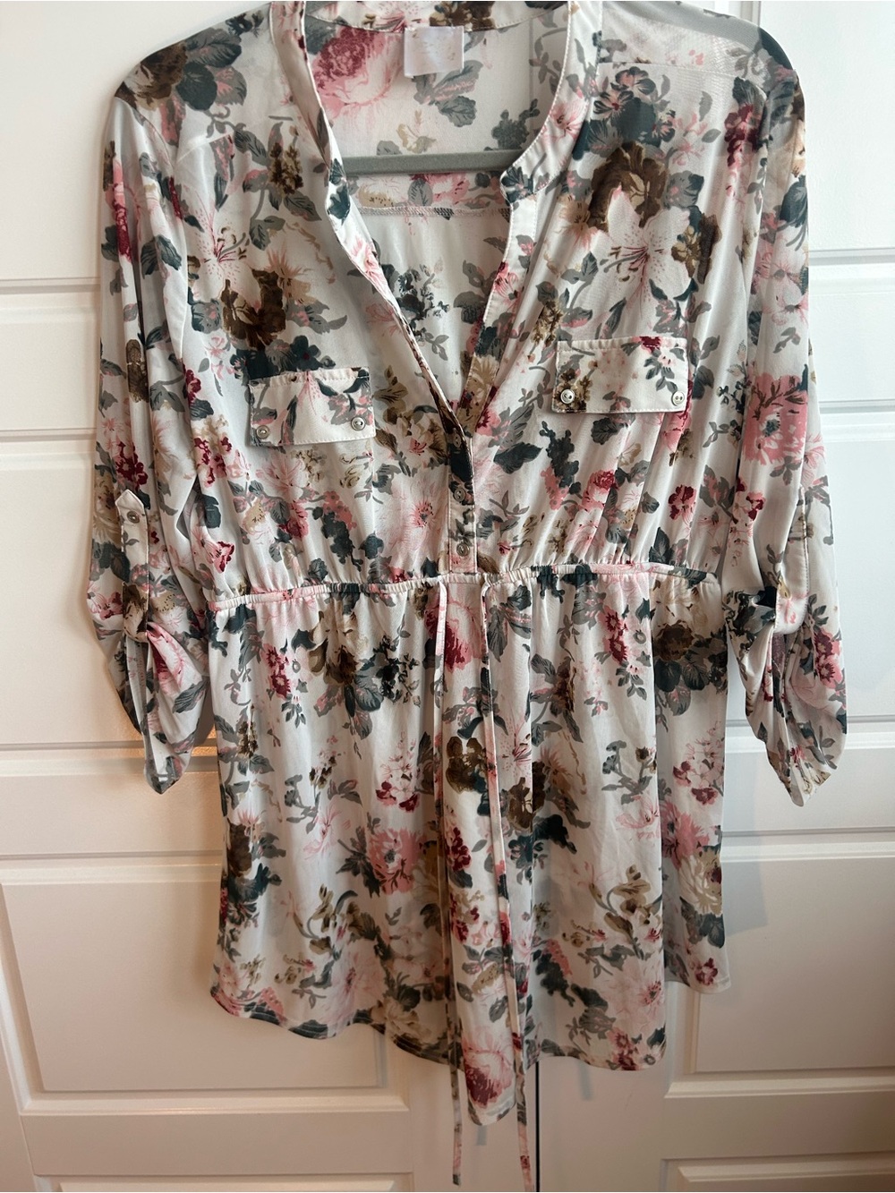 Siren Lily Floral Drawstring Sheer Tunic - White, Pink, Green Print